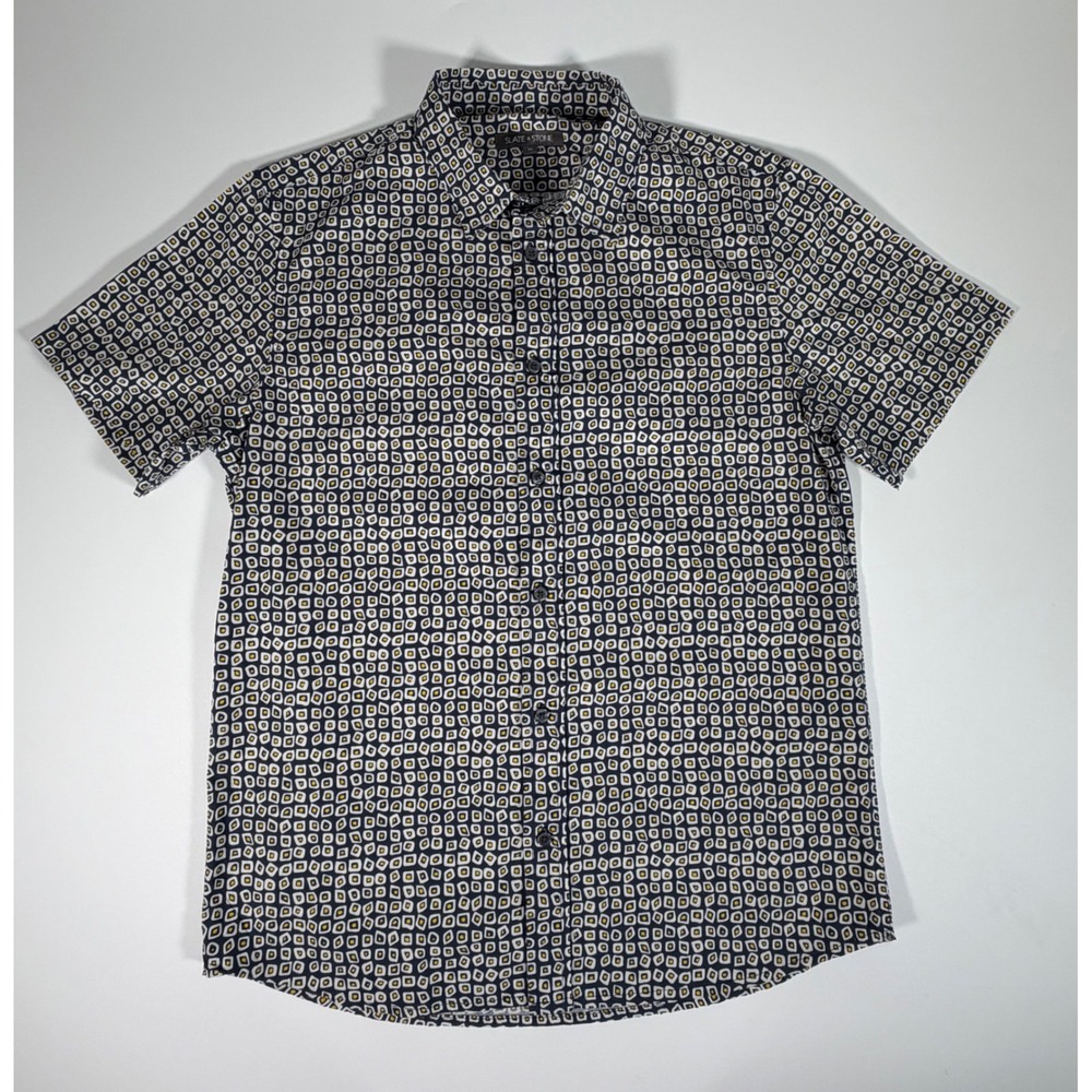 Slate & Stone Mens Geometric Square Print Short Sleeve Button Down Shirt Navy M - Picture 1 of 7